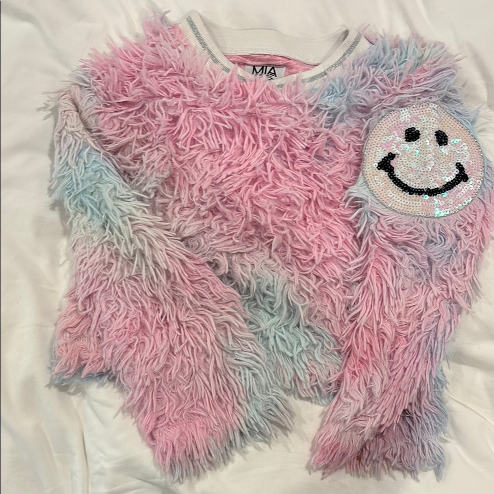 MIA Fuzzy Sweater with Sequin Smiley